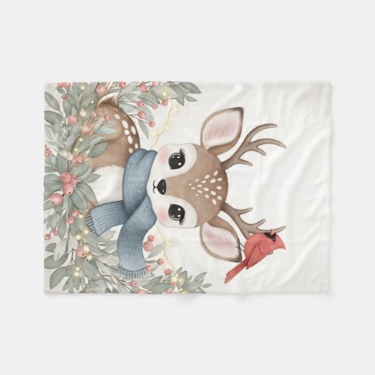 Sweet Reindeer & Cardinal Watercolor Christmas Art Fleecedecke (Vorderseite (Horizontal))