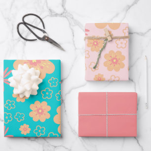 Sweet Retro Blume Muster und Rosa Geschenkpapier Set