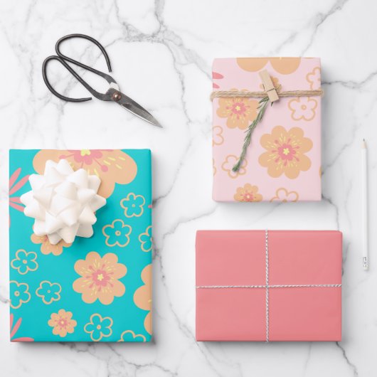 Sweet Retro Blume Muster und Rosa Geschenkpapier Set (Vorderseite)