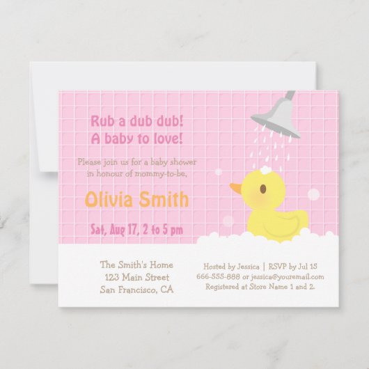 Sweet Rubber Ducky PInk Baby Shower Einladungen (Vorderseite)