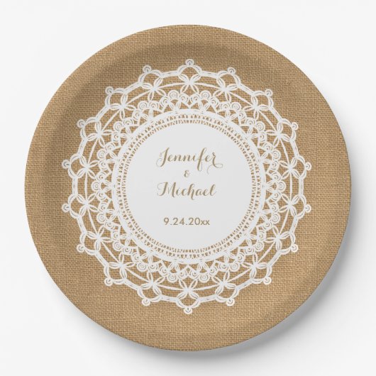 Sweet Rustic Burlap Look und White Lace Wedding Pappteller (Vorderseite)