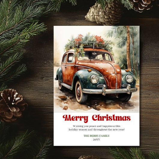 Sweet rustic Christmas scene red car winter Feiertagskarte
