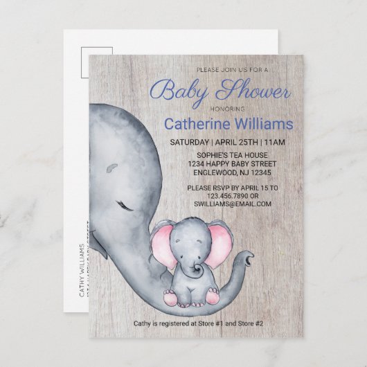 Sweet Rustic Elephant Blue Boy Baby Dusche einlade Einladungspostkarte (Vorne/Hinten)