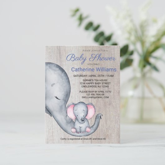 Sweet Rustic Elephant Blue Boy Baby Dusche einlade Einladungspostkarte (Stehend Vorderseite)