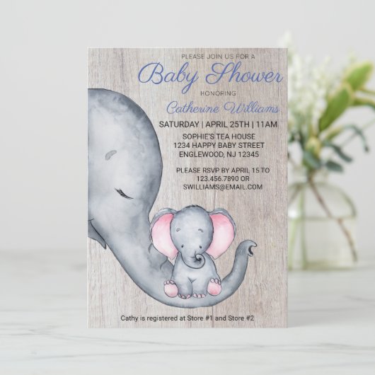 Sweet Rustic Elephant Blue Boy Baby Dusche Einladung (Stehend Vorderseite)