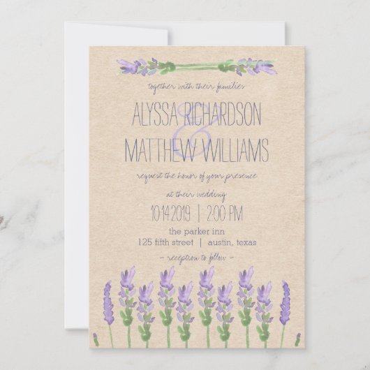 Sweet Rustic Lila Lavendel on Kraft Look Wedding Einladung (Vorderseite)