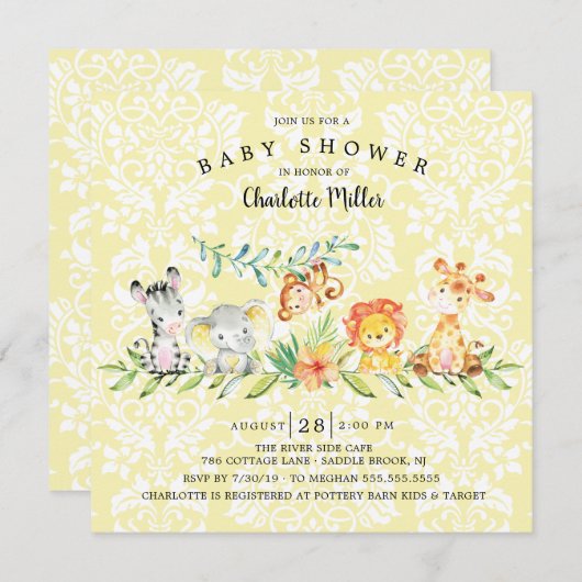 Sweet Safari Animals Gender Neutral Baby Dusche Einladung (Vorne/Hinten)