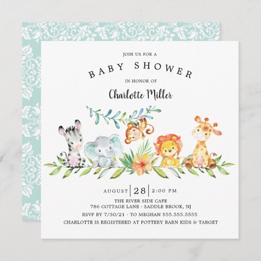 Sweet Safari Animals Gender Neutral Baby Dusche in Einladung (Vorne/Hinten)