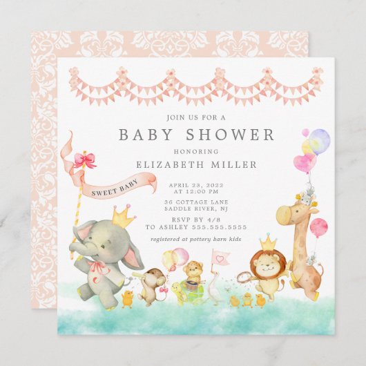 Sweet Safari Animals Parade Kinderdusche Einladung (Vorne/Hinten)