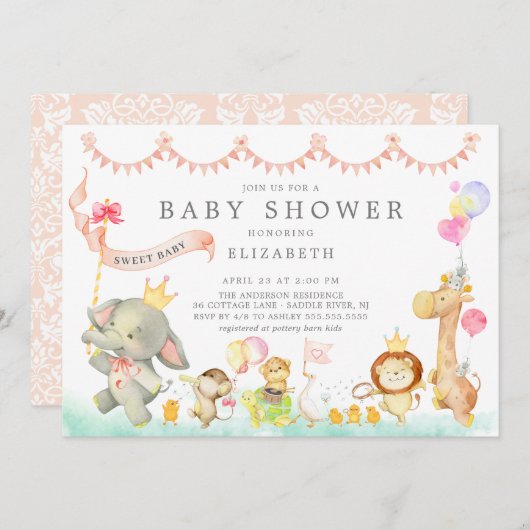 Sweet Safari Animals Parade Kinderdusche Einladung (Vorne/Hinten)