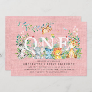 Sweet Safari ONE Girls 1. Geburtstag Einladung