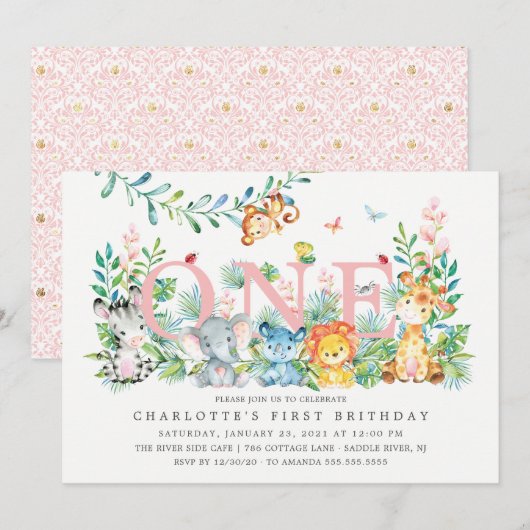 Sweet Safari ONE Girls 1. Geburtstag Einladung (Vorne/Hinten)