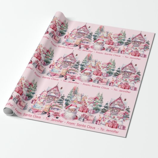 Sweet Santa Land in Pink Girl's Name Weihnachten Geschenkpapier (Ungerollt)