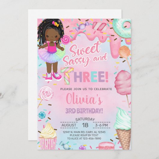 Sweet sassy and three girl 3rd birthday invitation einladung (Vorne/Hinten)