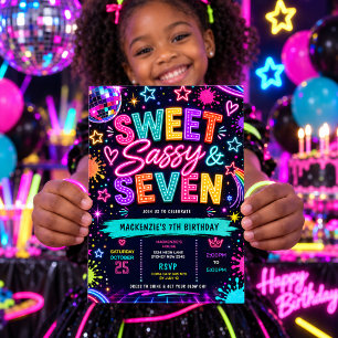 Sweet, Sassy & Seven: Neon Glow 7. Geburtstag Einladung