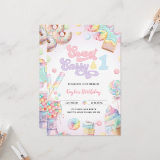 Sweet Sassy und One Pastel Candy Erster Geburtstag Einladung