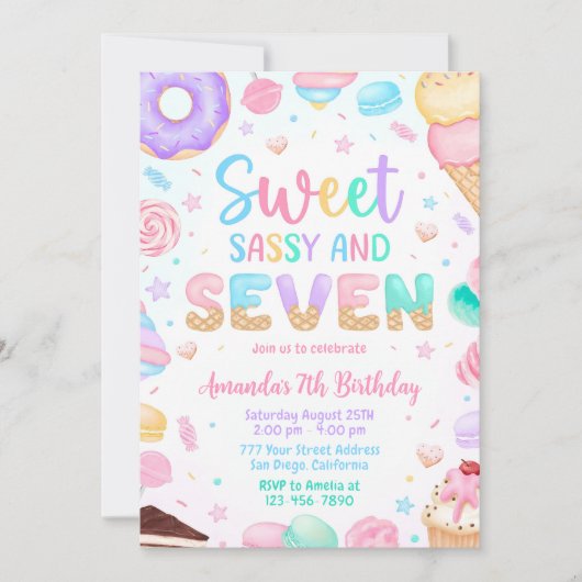 Sweet Sassy und Seven Birthday Einladung 7. Geburt (Vorderseite)