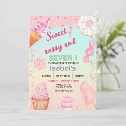 Sweet Sassy und Seven Candy Birthday Einladung (Stehend Vorderseite)