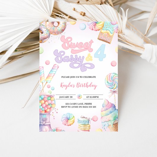 Sweet Sassy und VIER Pastel Candyland 4. Geburtsta Einladung