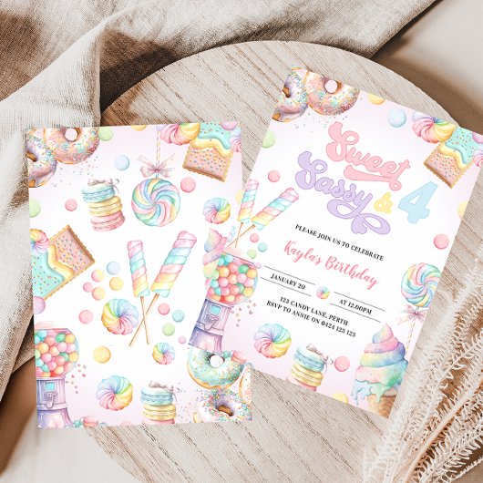 Sweet Sassy und VIER Pastel Candyland 4. Geburtsta Einladung