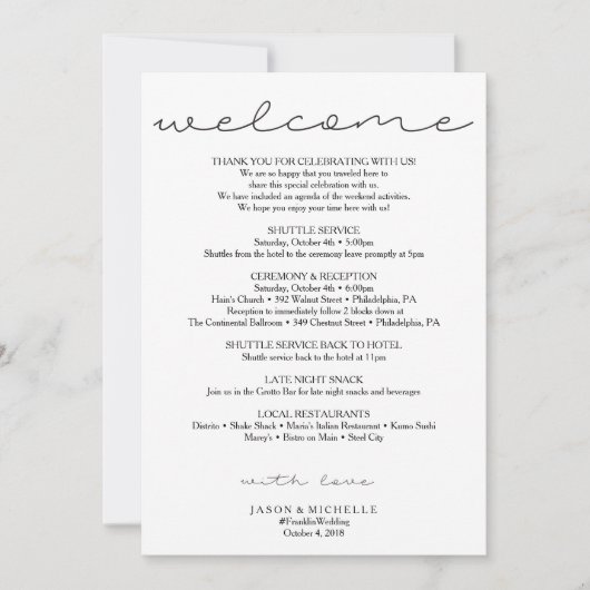 Sweet Script Wedding Itinerary - Begrüßung Einladung (Vorderseite)