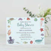 Sweet Sea Creatures Coral Blue Baby Shower Einladung (Stehend Vorderseite)