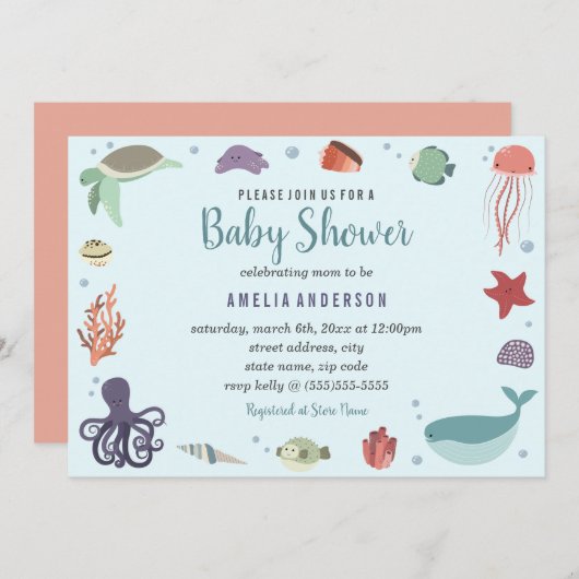 Sweet Sea Creatures Coral Blue Baby Shower Einladung (Vorne/Hinten)
