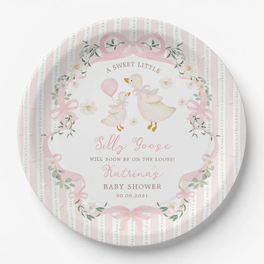 Sweet Silly Goose Pink Bow Floral Baby Shower Pappteller (Vorderseite)