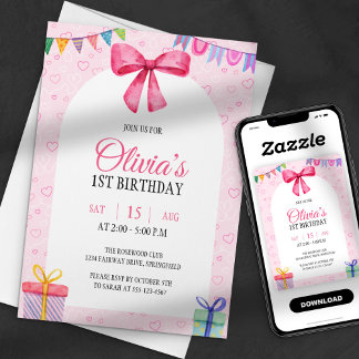 Sweet Simple Pink Watercolor Bow Erster Geburtstag Einladung