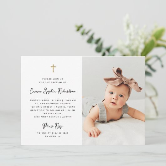 Sweet Simple | Schwarz-Weiß-Taufe und Foto Einladung (Stehend Vorderseite)