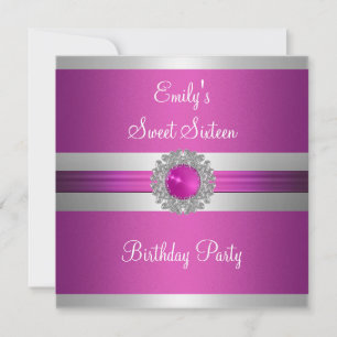 Sweet Sixteen 16 Fuchsia Silber Juwel Geburtstag 2 Einladung