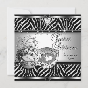 Sweet Sixteen 16 Geburtstagsfeier Zebra Silbermask Einladung