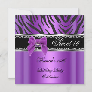 Sweet Sixteen 16 Lila Silber Schwarz Zebra Leopard Einladung