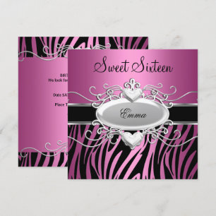 Sweet Sixteen 16 Party Silber Rosa Schwarz Zebra Einladung