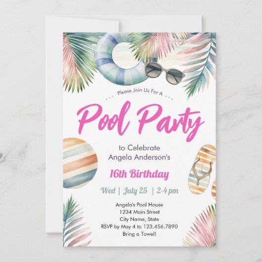 Sweet Sixteen Birthday Pool Party Invitation Einladung (Vorderseite)