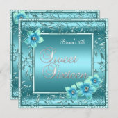 Sweet Sixteen Birthday Teal Blue Flower Silver 2 Einladung (Vorne/Hinten)
