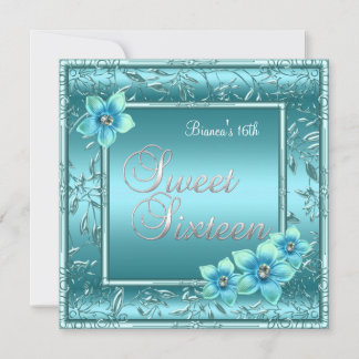 Sweet Sixteen Birthday Teal Blue Flower Silver 2 Einladung