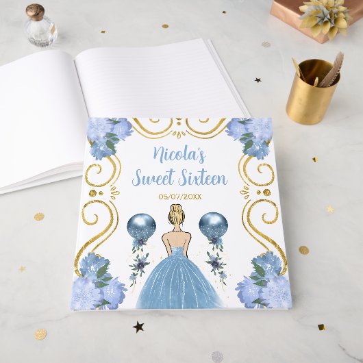 Sweet Sixteen Blonde Princess in Dusty Blue Gästebuch (Vorderseite offen)