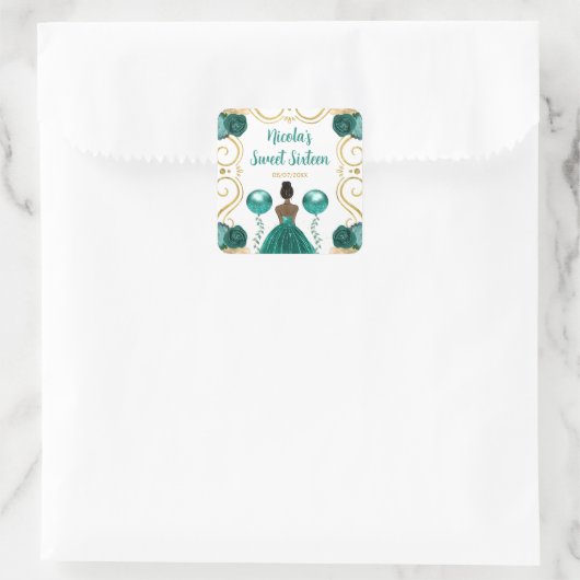Sweet Sixteen Dark Skin Princess in Teal Quadratischer Aufkleber (Tasche)