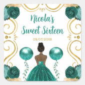 Sweet Sixteen Dark Skin Princess in Teal Quadratischer Aufkleber (Vorderseite)