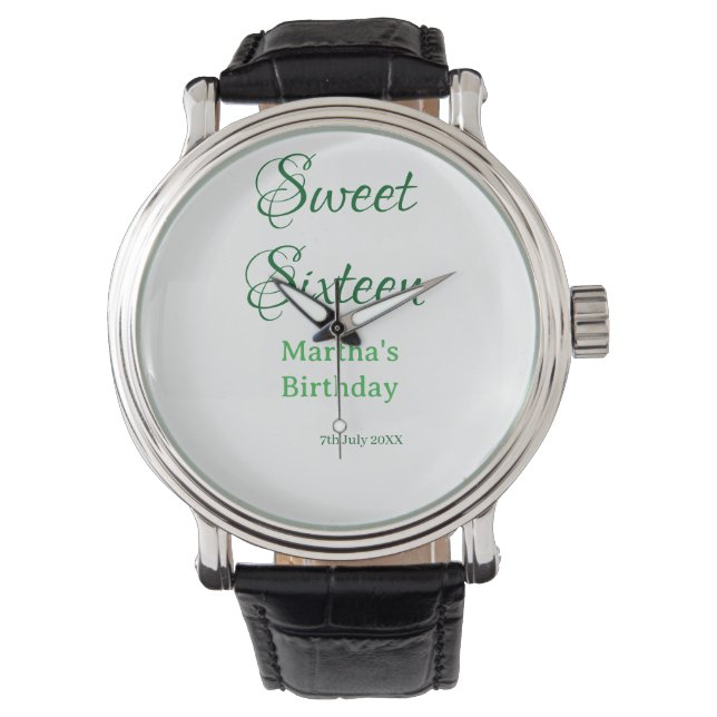 Sweet Sixteen green name date calligraphy boho ret Armbanduhr (Vorderseite)