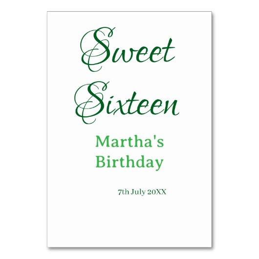 Sweet Sixteen green name date calligraphy boho ret Tischnummer (Vorderseite)