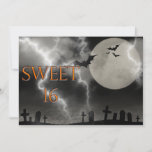 Sweet Sixteen Halloween Birthday Party Invitation Einladung<br><div class="desc">Scary Sweet Sixteen Birthday Party Invitation. Halloween theme with  black bats and a full moon over a dark and creepy graveyard. The lettering is a metallic look orange with a glow effect. Font on reverse can be customized to your needs.</div>