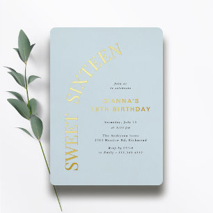 Sweet Sixteen   Hellblau und Gold 16. Geburtstag Folieneinladung