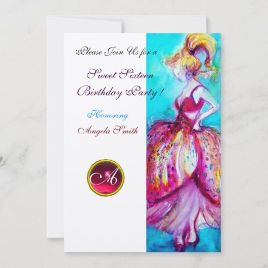 SWEET SIXTEEN PARTY, Rot Pink Rubin Monogramm Gold Einladung (Vorderseite)