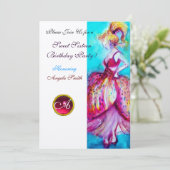 SWEET SIXTEEN PARTY, Rot Pink Rubin Monogramm Gold Einladung (Stehend Vorderseite)