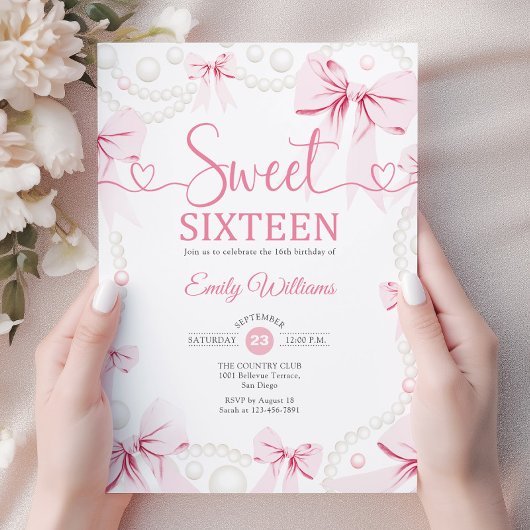 Sweet Sixteen Pink Bows Pearls Coquette Einladung
