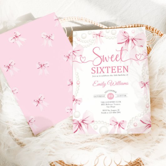 Sweet Sixteen Pink Bows Pearls Coquette Einladung