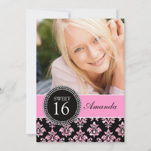 SWEET SIXTEEN, PINK GLITZER, SCHWARZER DAMAST EINLADUNG