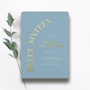 Sweet Sixteen Staubblau und Gold 16. Geburtstag Folieneinladung